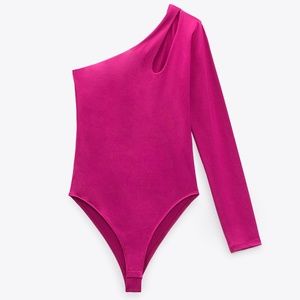 Zara Pink Asymmetrical One Shoulder Bodysuit Size Large